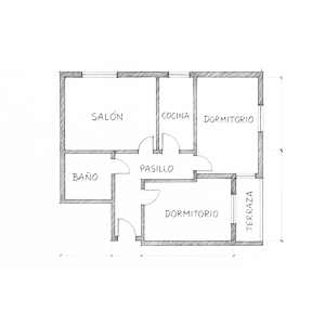 Plano de vivienda a lápiz con líneas en grafito sobre fondo transparente