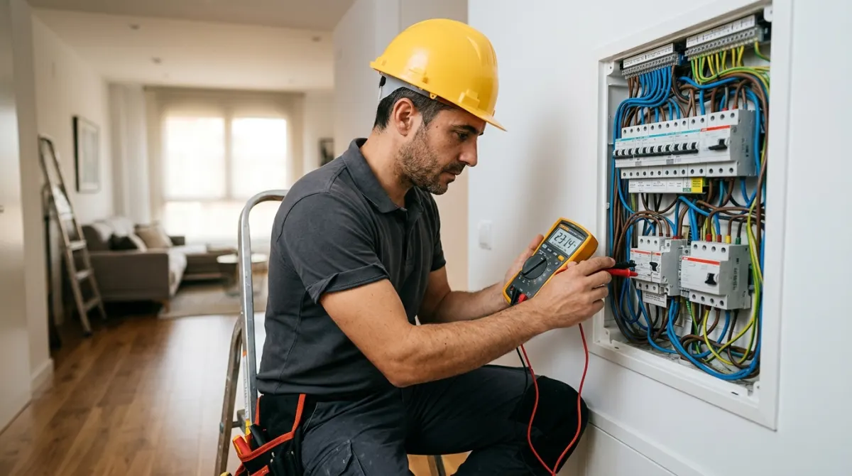 Electricista profesional revisando cuadro eléctrico para boletín CIE en Madrid