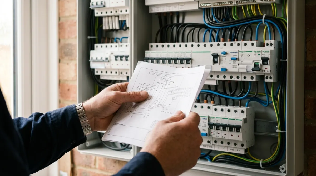 Manos sosteniendo boletín eléctrico oficial sobre cuadro eléctrico Madrid