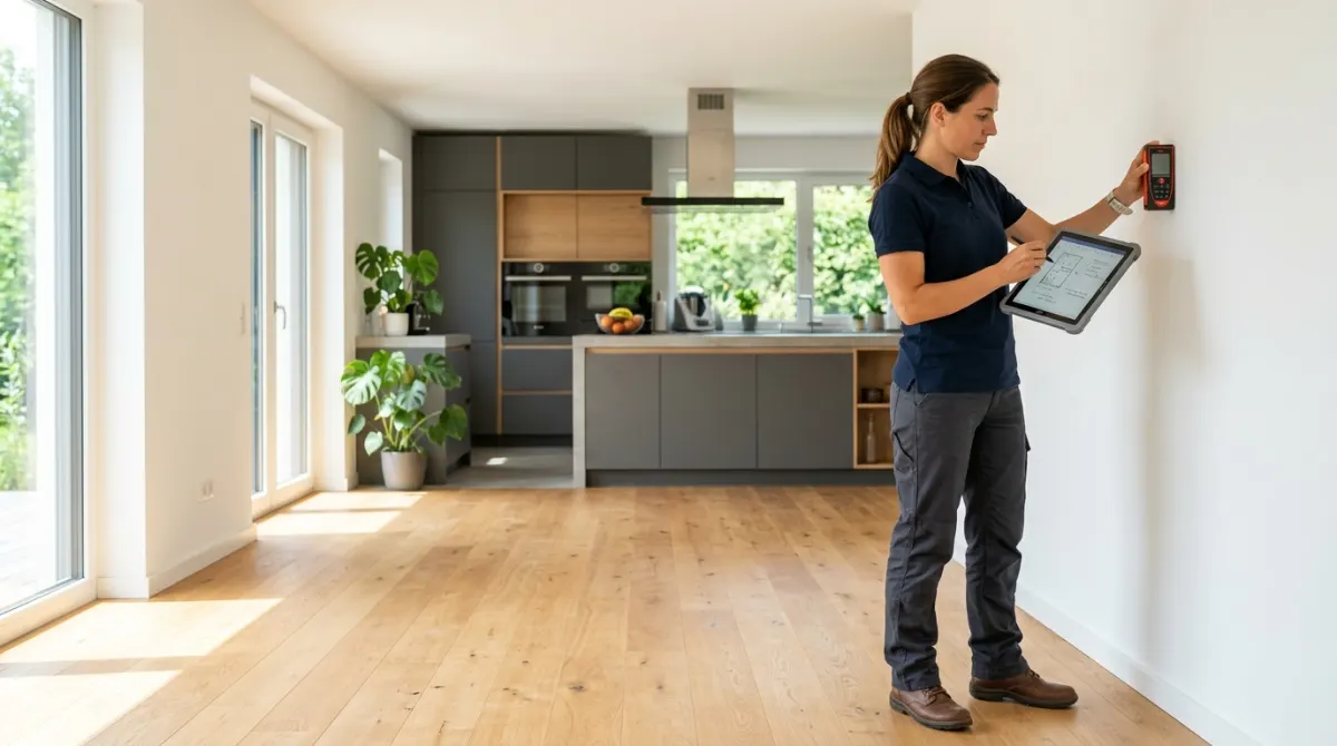 Técnica midiendo una vivienda para Cédula de Habitabilidad en Madrid