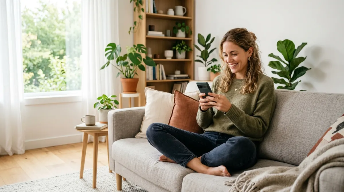 Persona usando smartphone para solicitar el certificado energético online en Madrid
