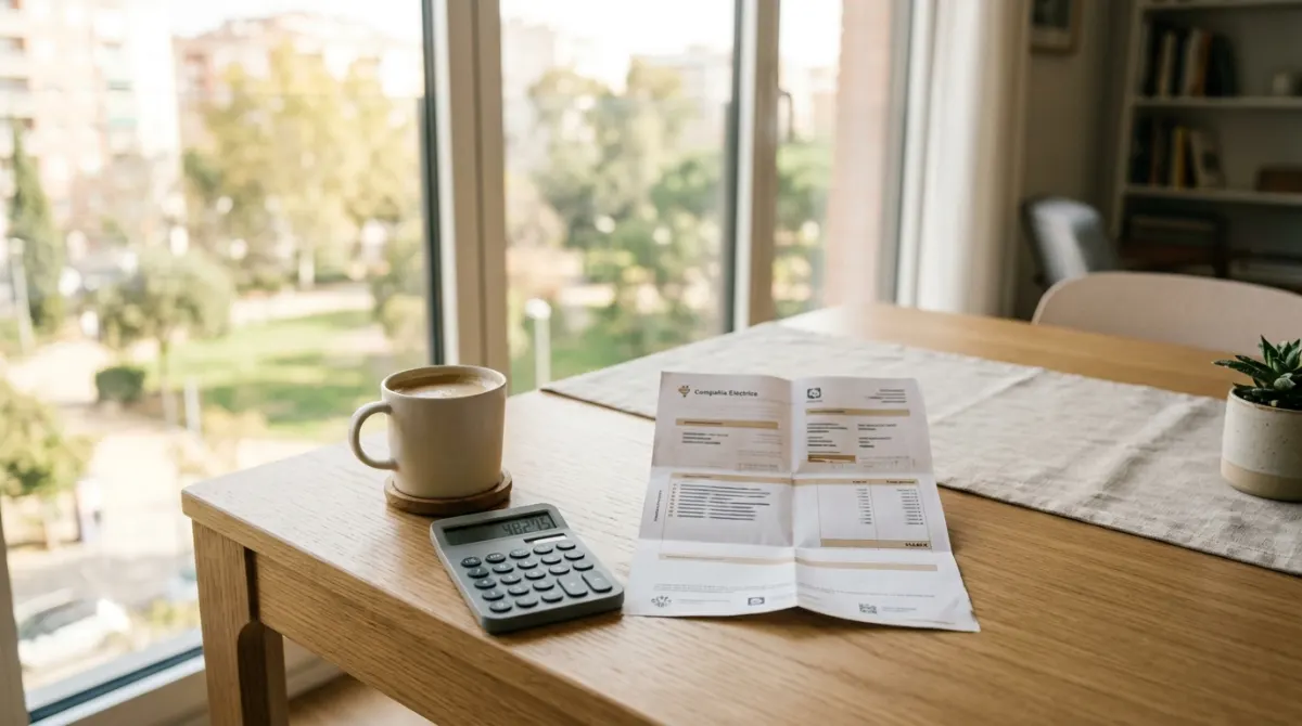 Mesa con factura de luz y calculadora — ahorro energético Madrid