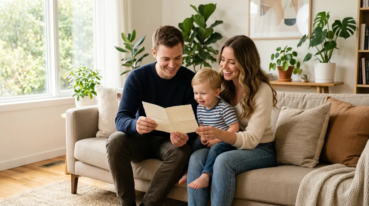 Familia sonriente con documento de subvención de eficiencia energética en Madrid