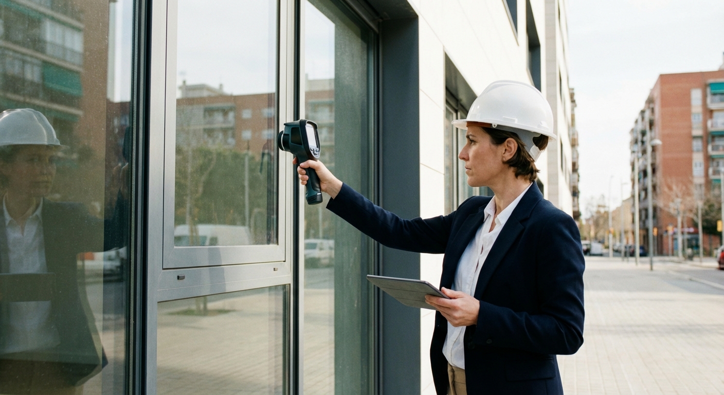 architect inspecting building windows for energy rating