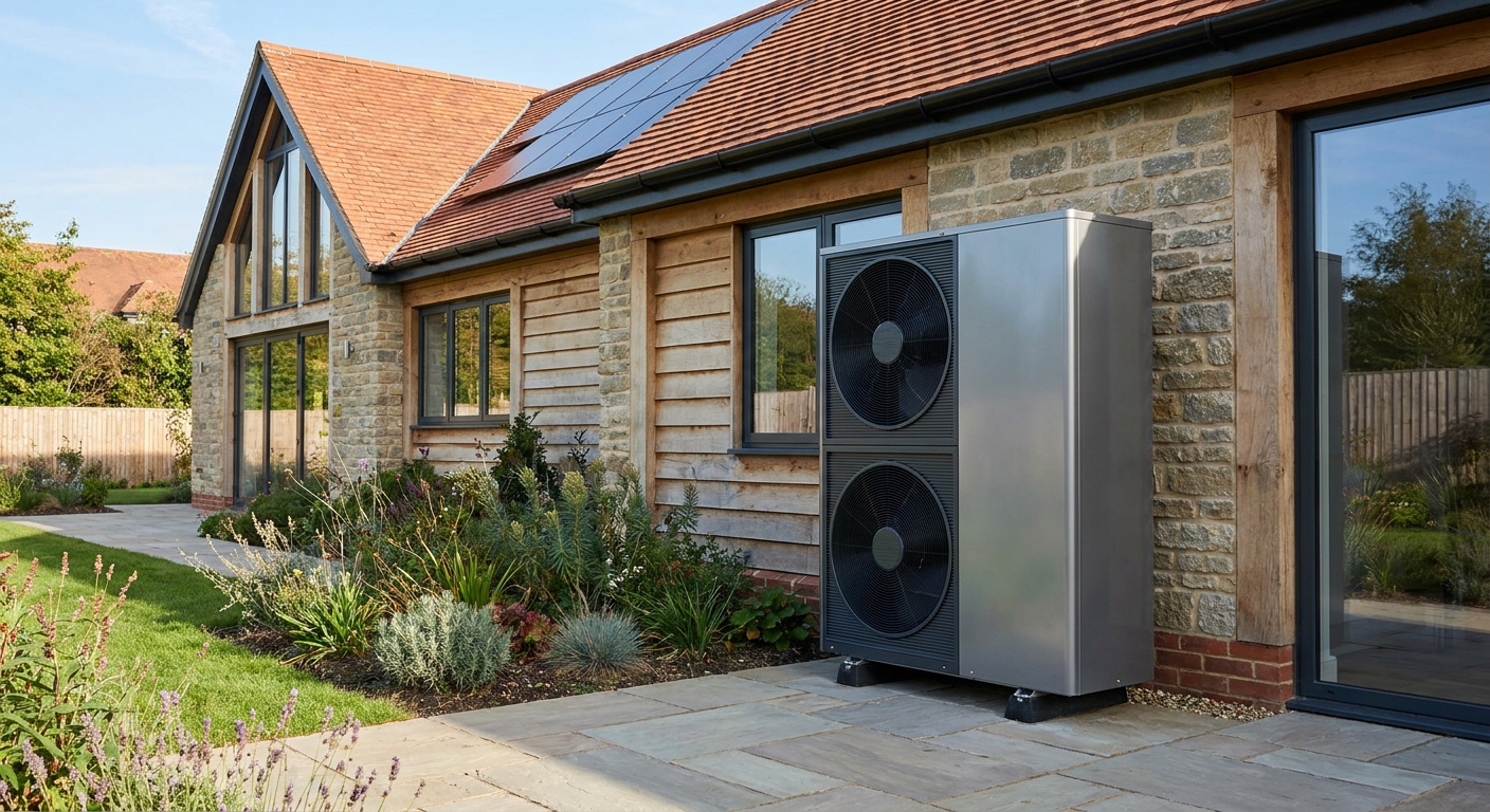 modern air source heat pump installed outside a residential home