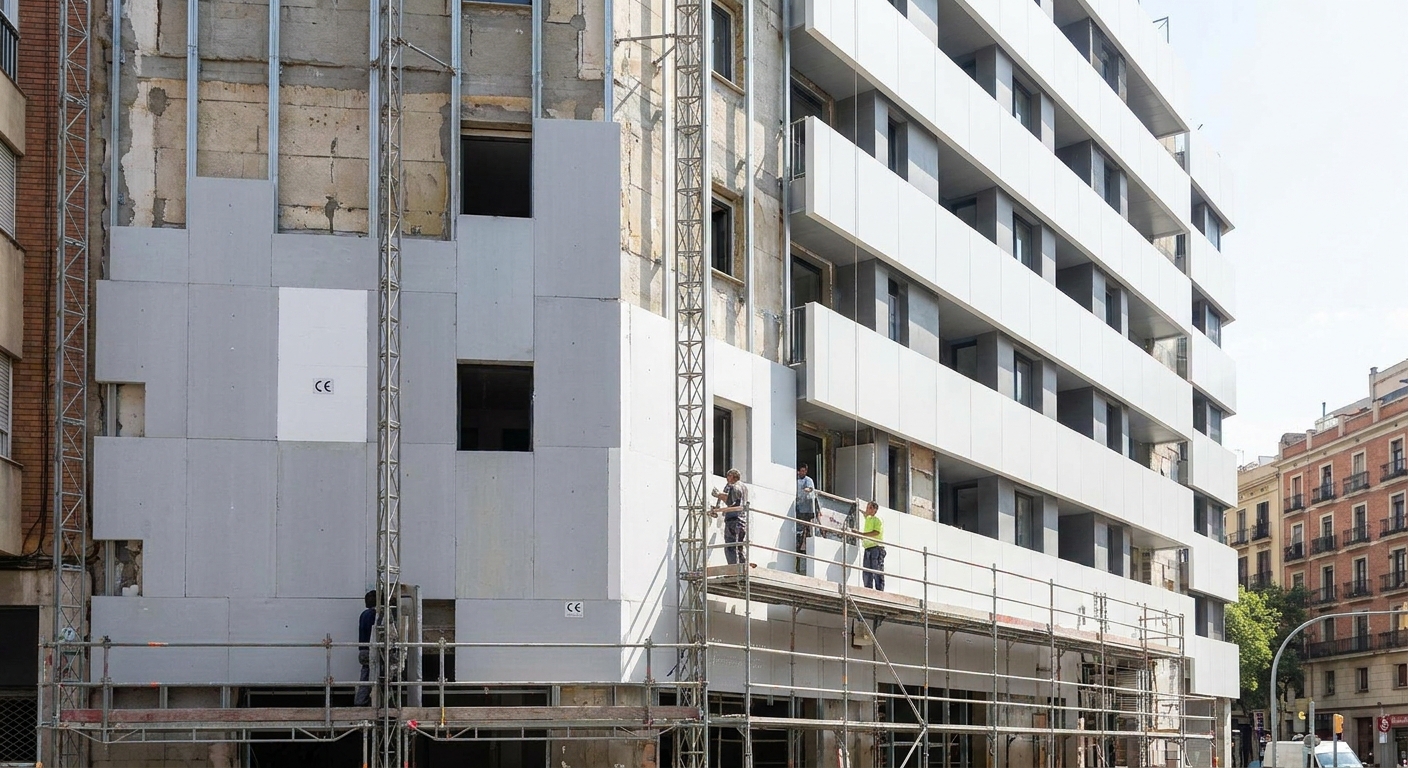 building facade being renovated with thermal insulation panels