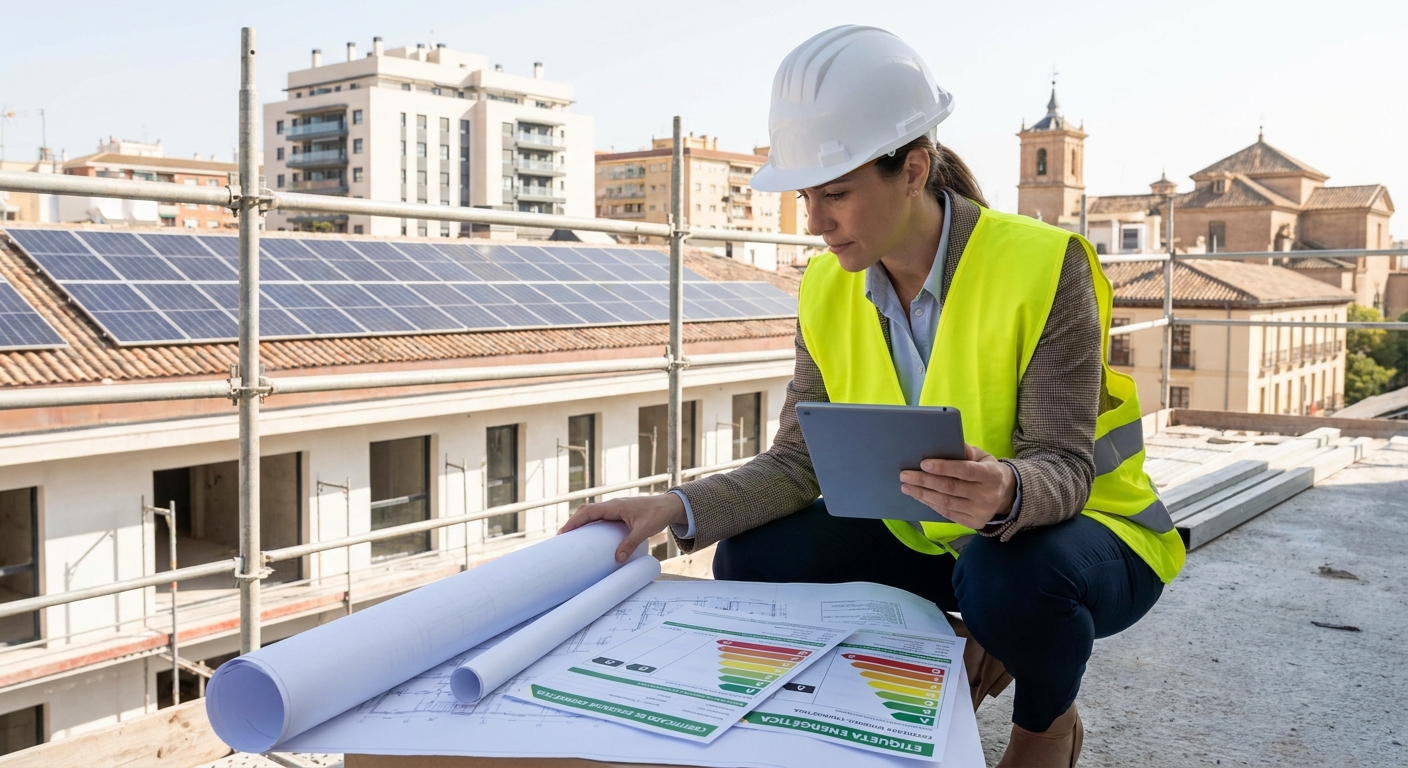 architect reviewing blueprints and energy documents on site