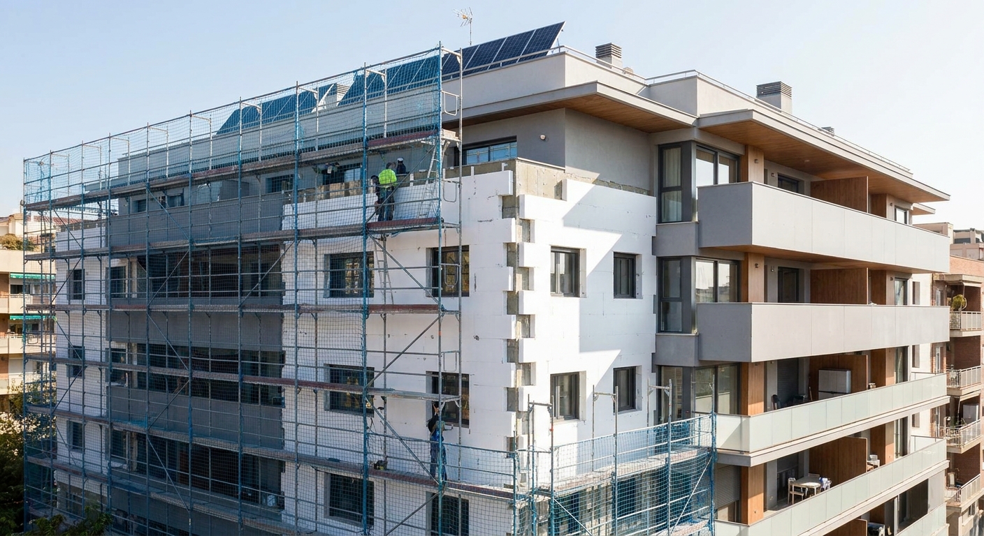 modern residential building facade during energy efficiency renovation with scaffolding