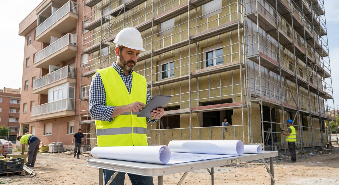 architect or energy auditor reviewing building blueprints on site during energy retrofitting