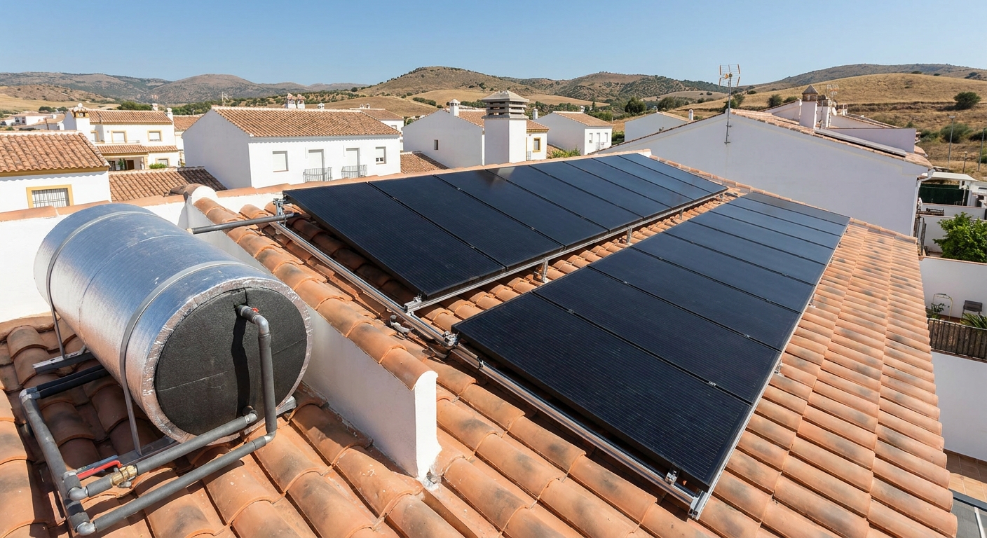 thermal solar panels installed on a residential roof next to a hot water storage tank