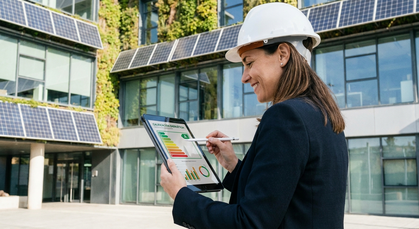 engineer calculating energy efficiency savings on a digital tablet in front of a building