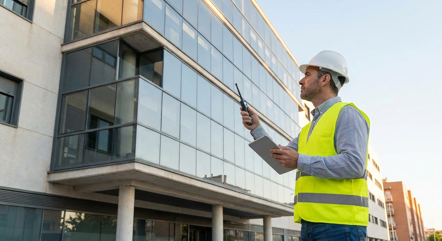 technician inspecting building facade
