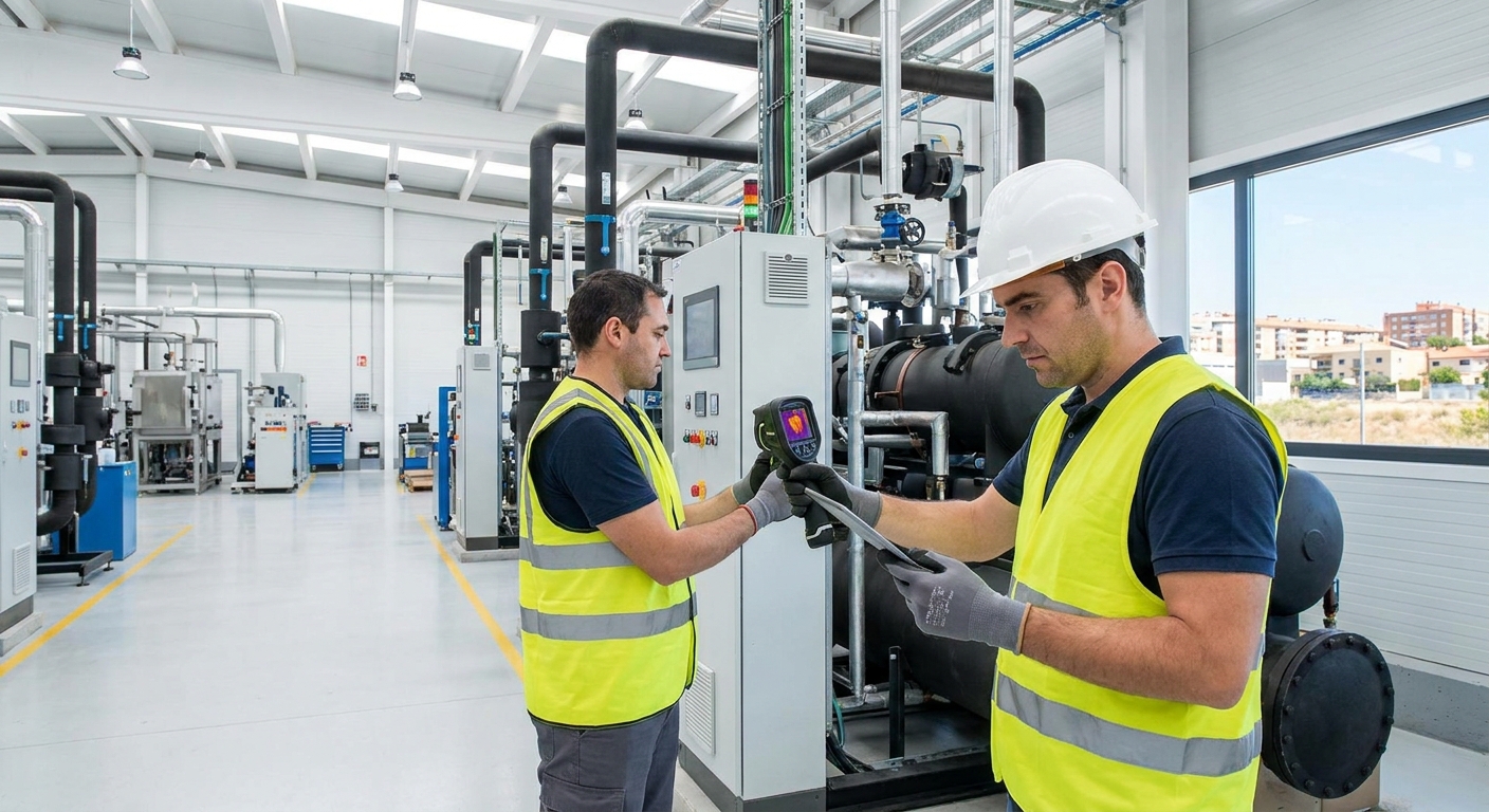 technician inspecting industrial machinery for energy efficiency