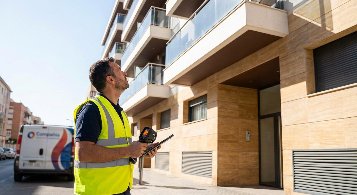 technician inspecting building facade
