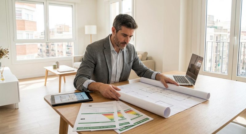 architect inspecting modern apartment blueprint and documents