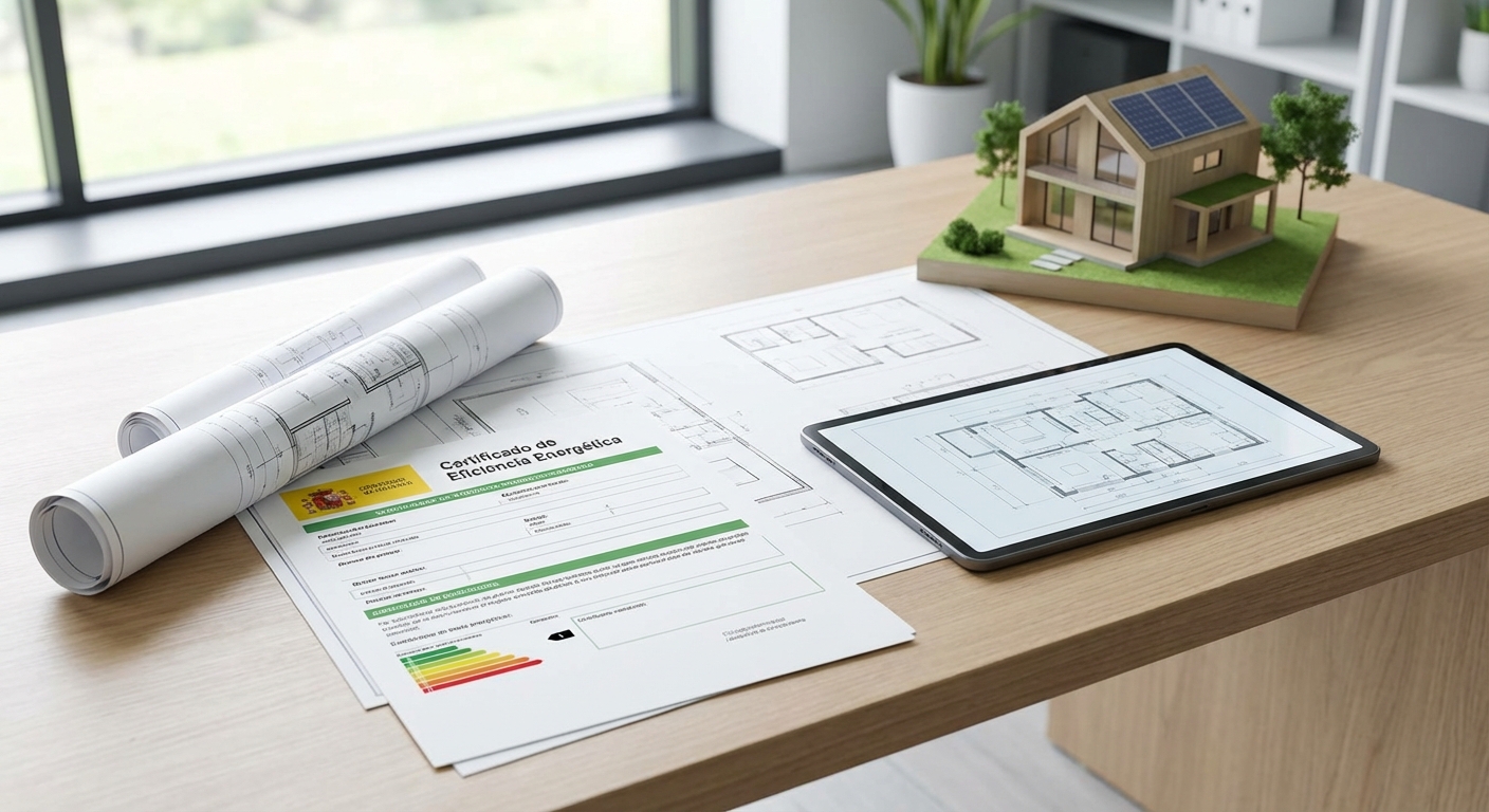 official habitability certificate document from Spain with architectural blueprints