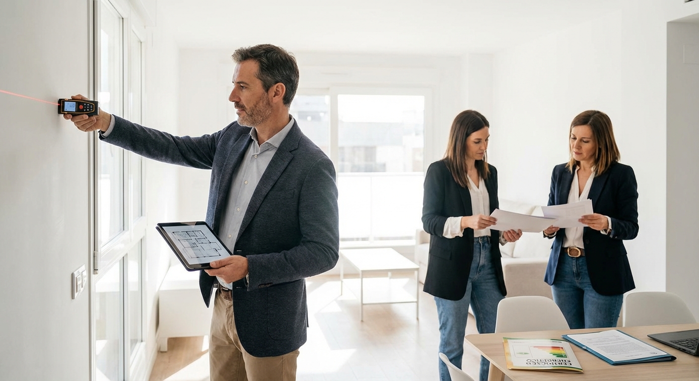 architect inspecting an apartment measuring walls and checking habitability conditions