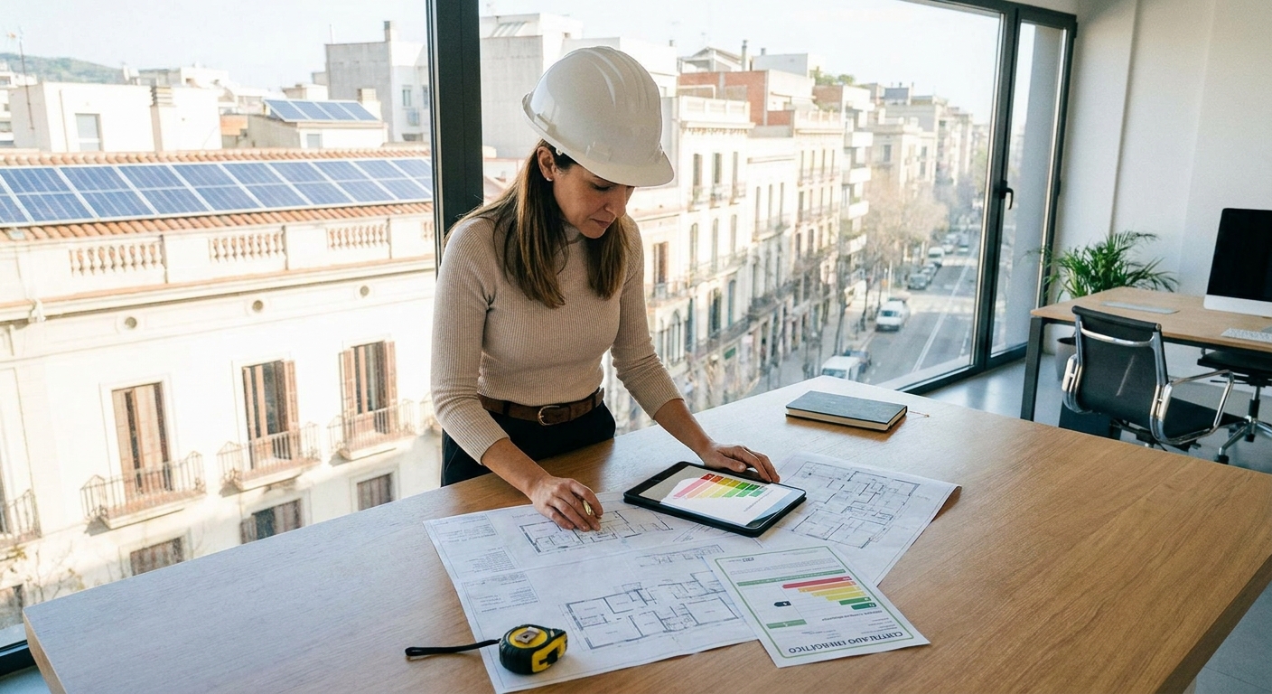 architect or engineer checking building plans and energy efficiency
