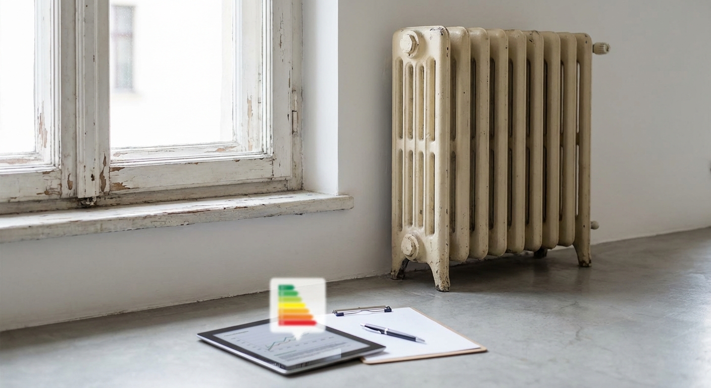 old window frame with single glazing and outdated radiator