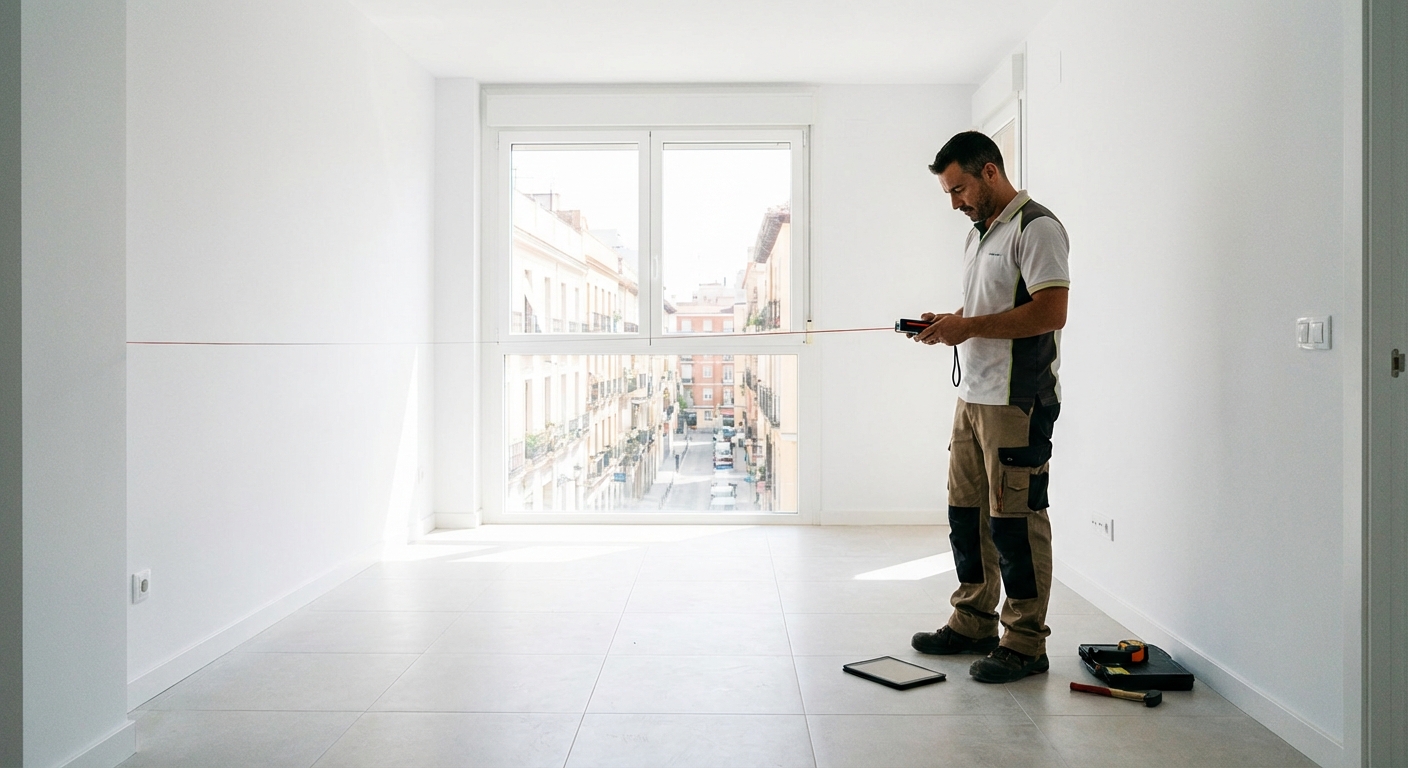 technician measuring a room with a laser distance meter in an empty apartment