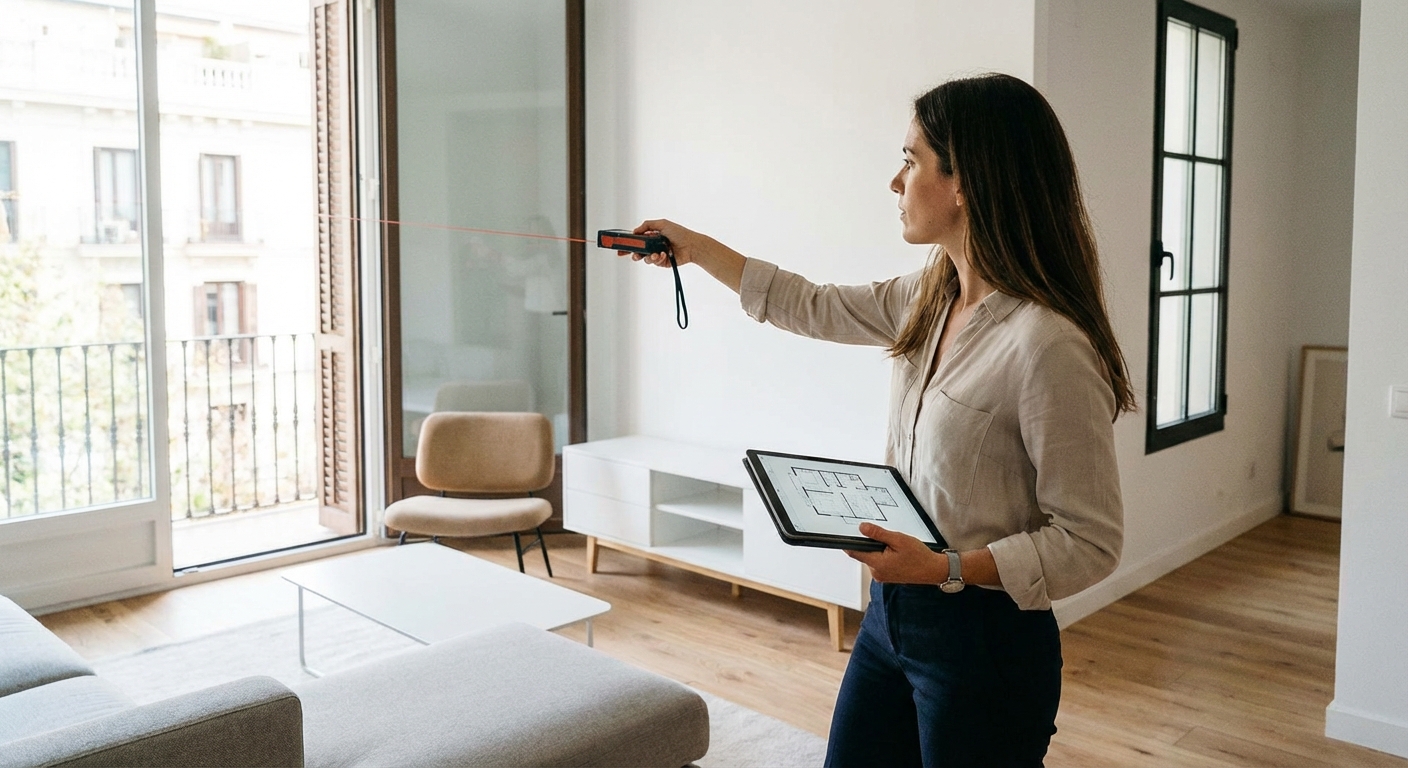 architect measuring a room in a residential apartment
