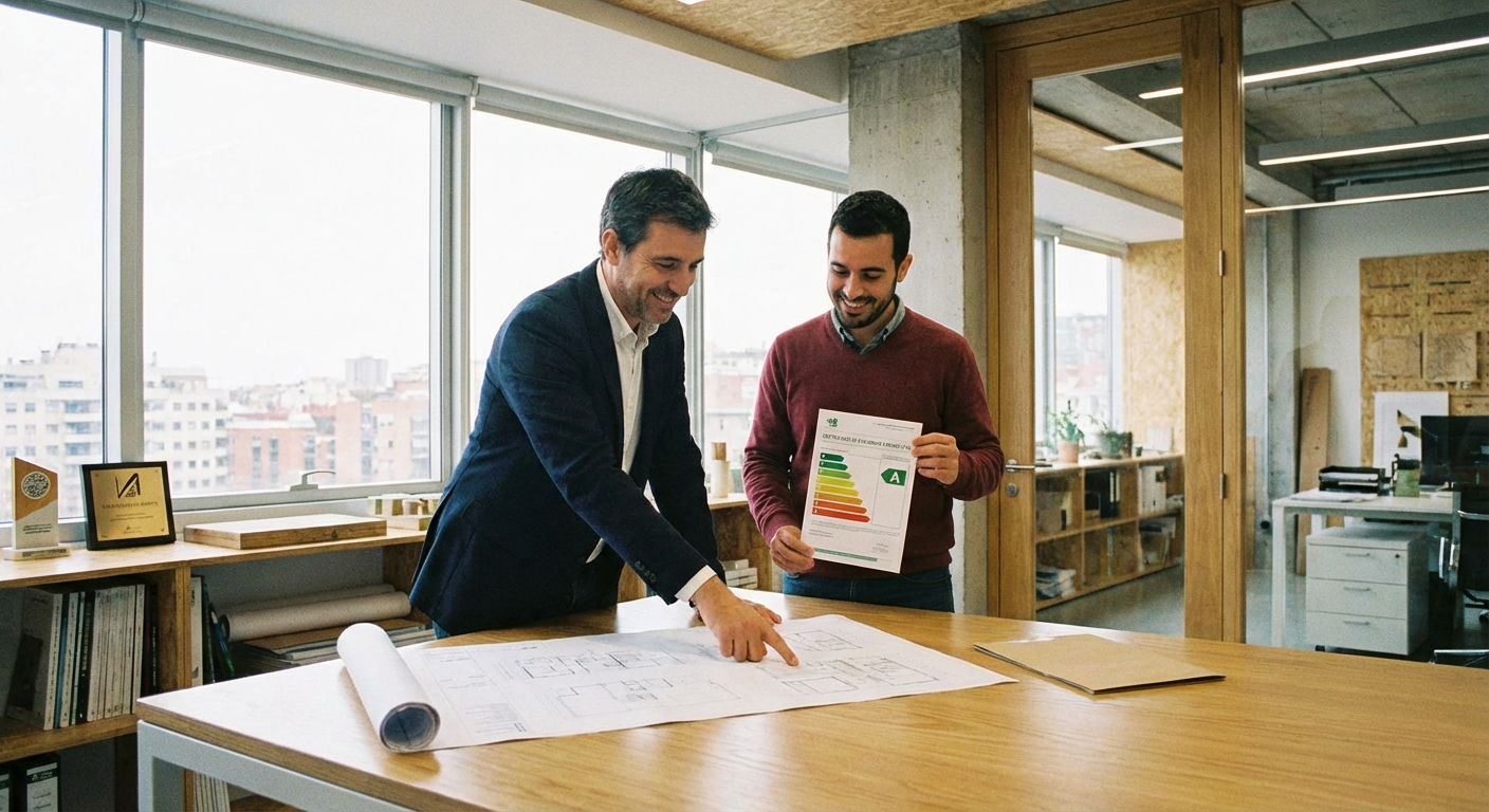 architect or technician reviewing blueprints and energy efficiency certificate with A rating