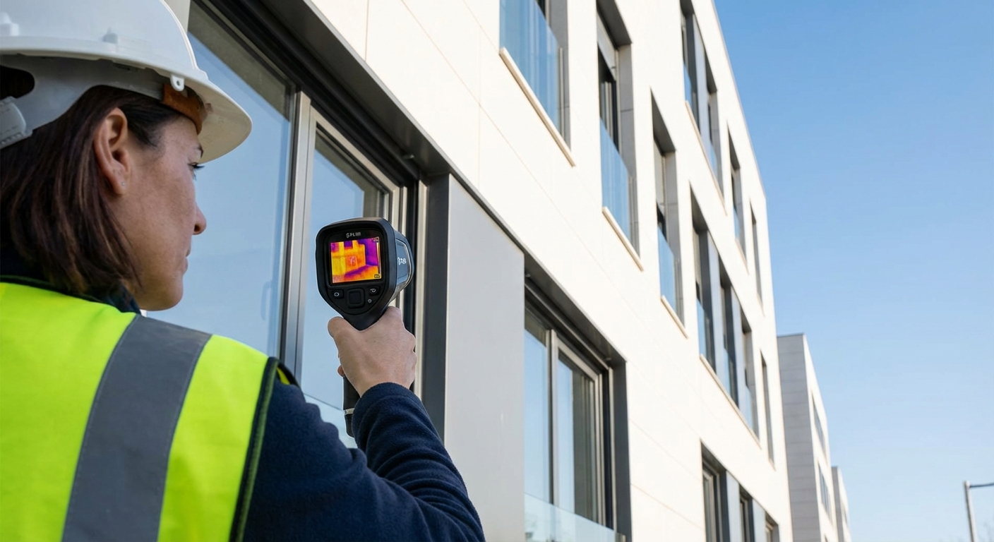 technician inspecting building facade and windows with thermal camera