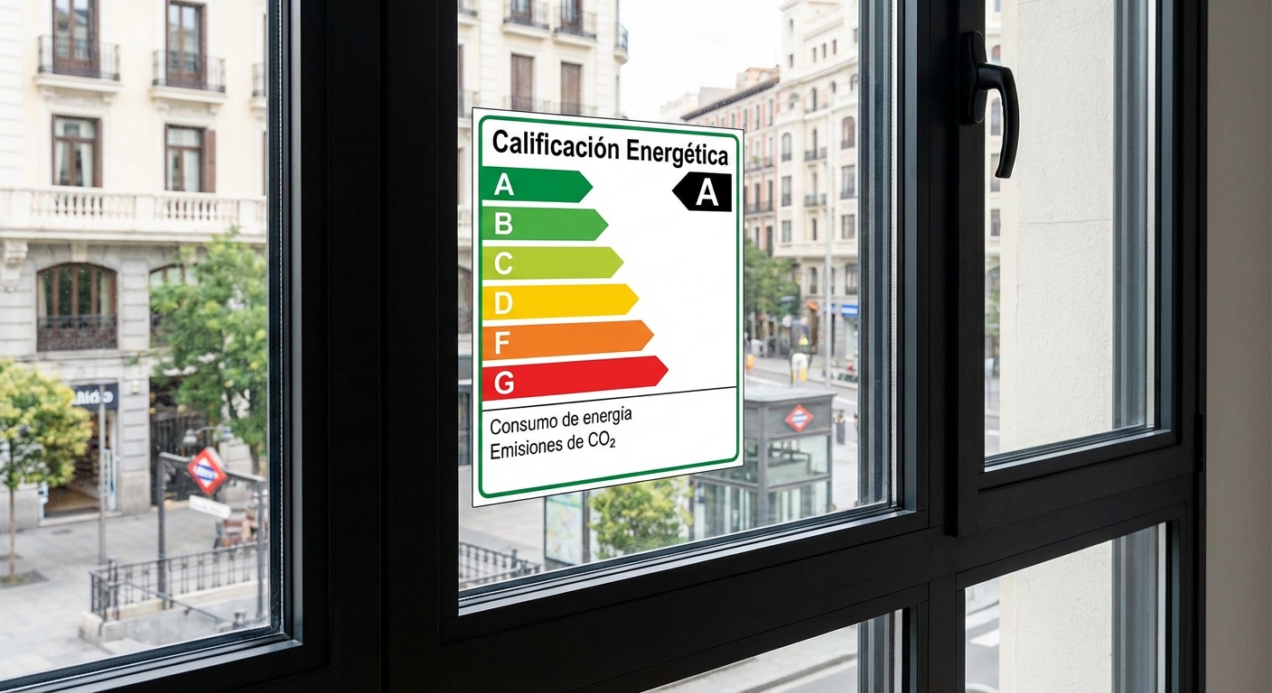official energy certificate label with A to G rating on a Madrid apartment window