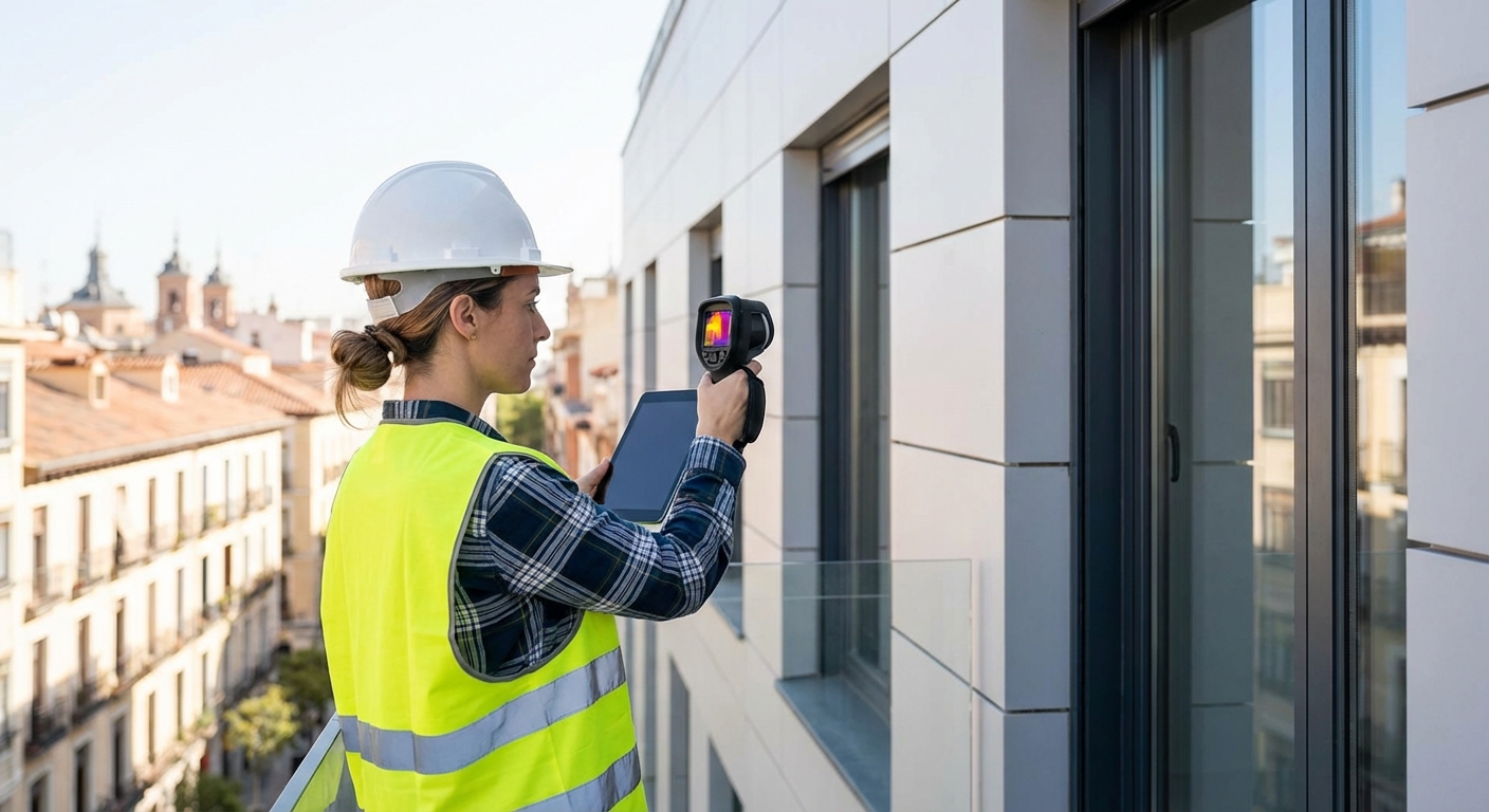 technician inspecting building facade and taking measurements for energy efficiency