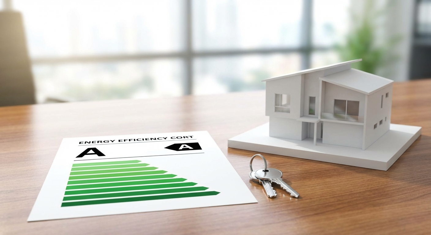 energy efficiency certificate with A rating displayed next to keys and house model