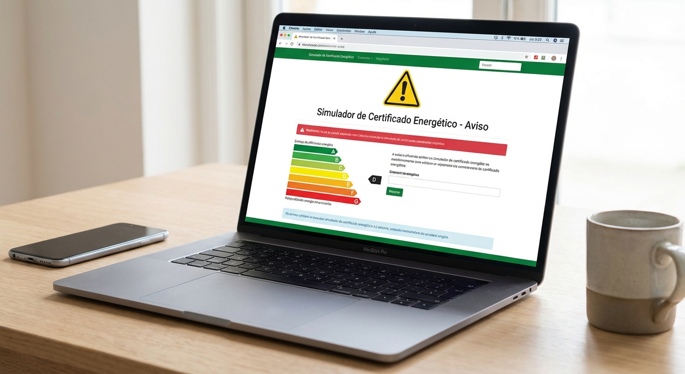 computer screen displaying a fake online energy rating simulator with a warning sign