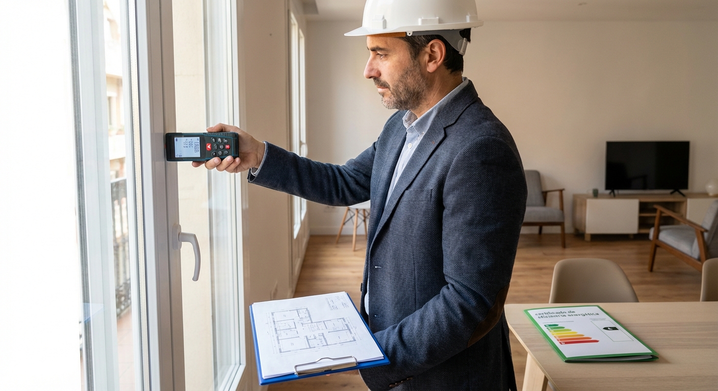 certified architect taking measurements of a window with a laser distance meter during a technical visit
