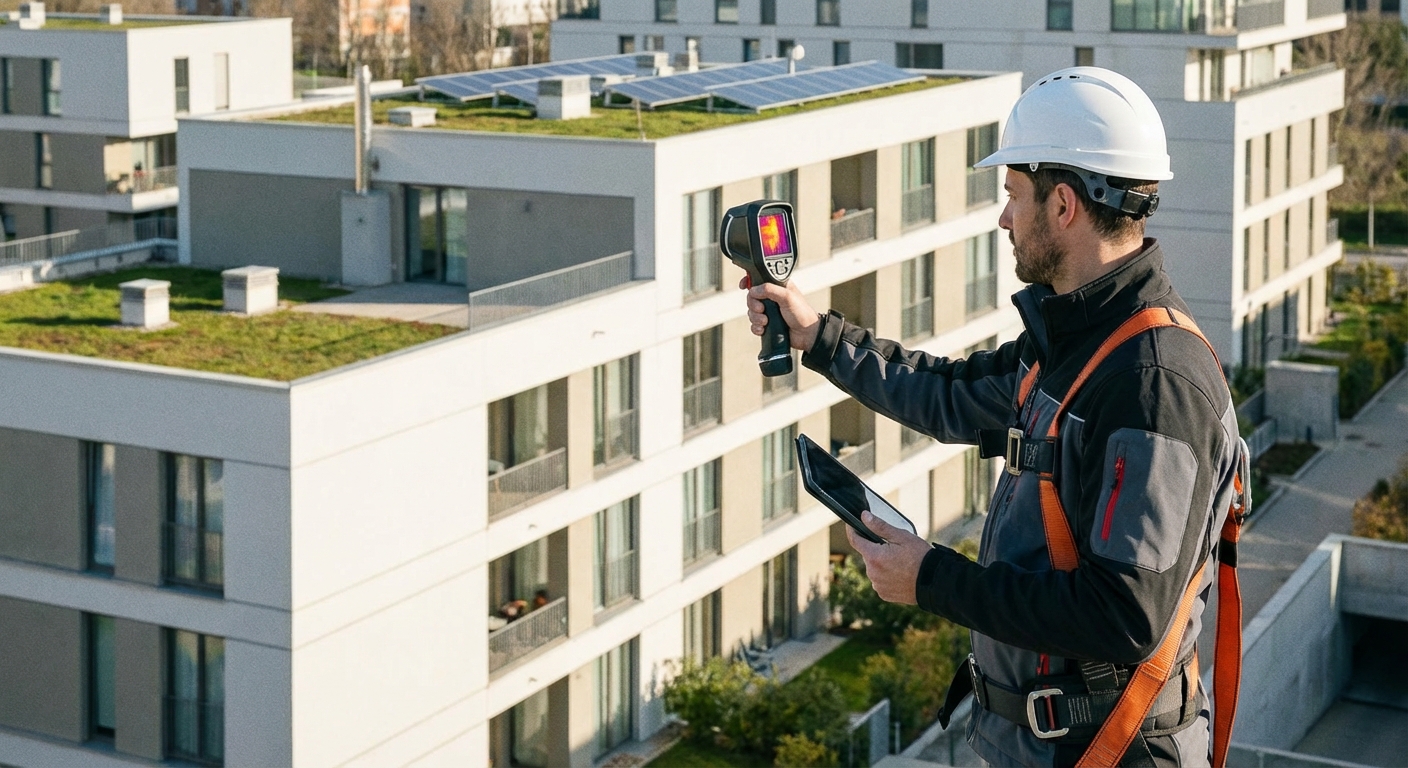 technician inspecting building facade