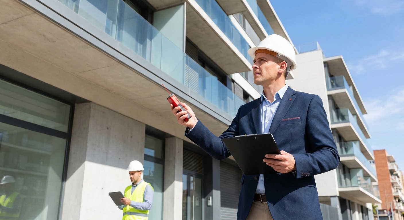 architect or technician inspecting a building with a laser measure
