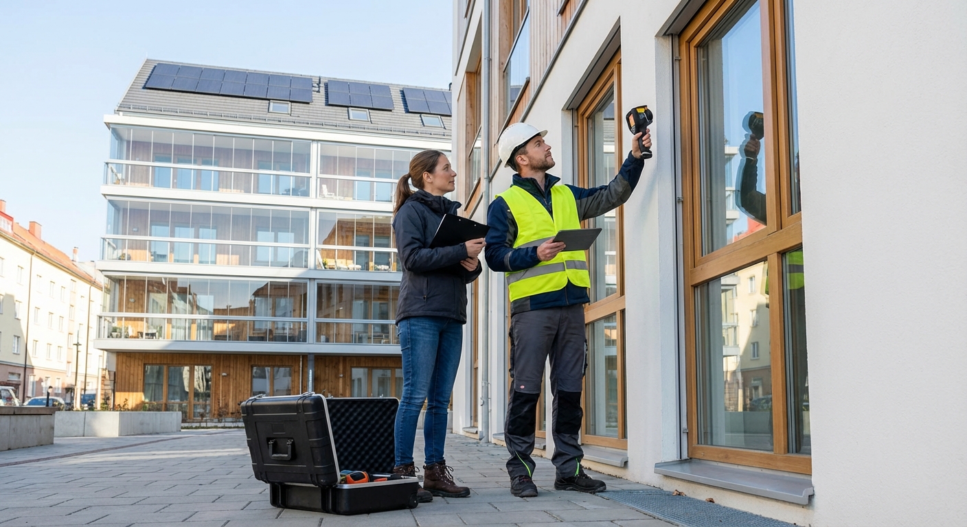 technician inspecting building facade and windows with tools