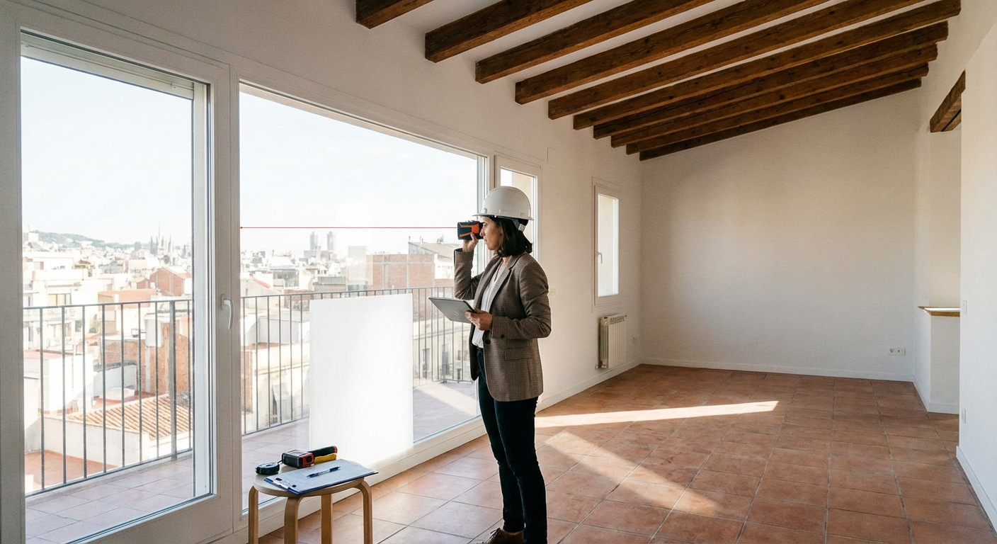 architect or engineer taking measurements of a window in an empty apartment