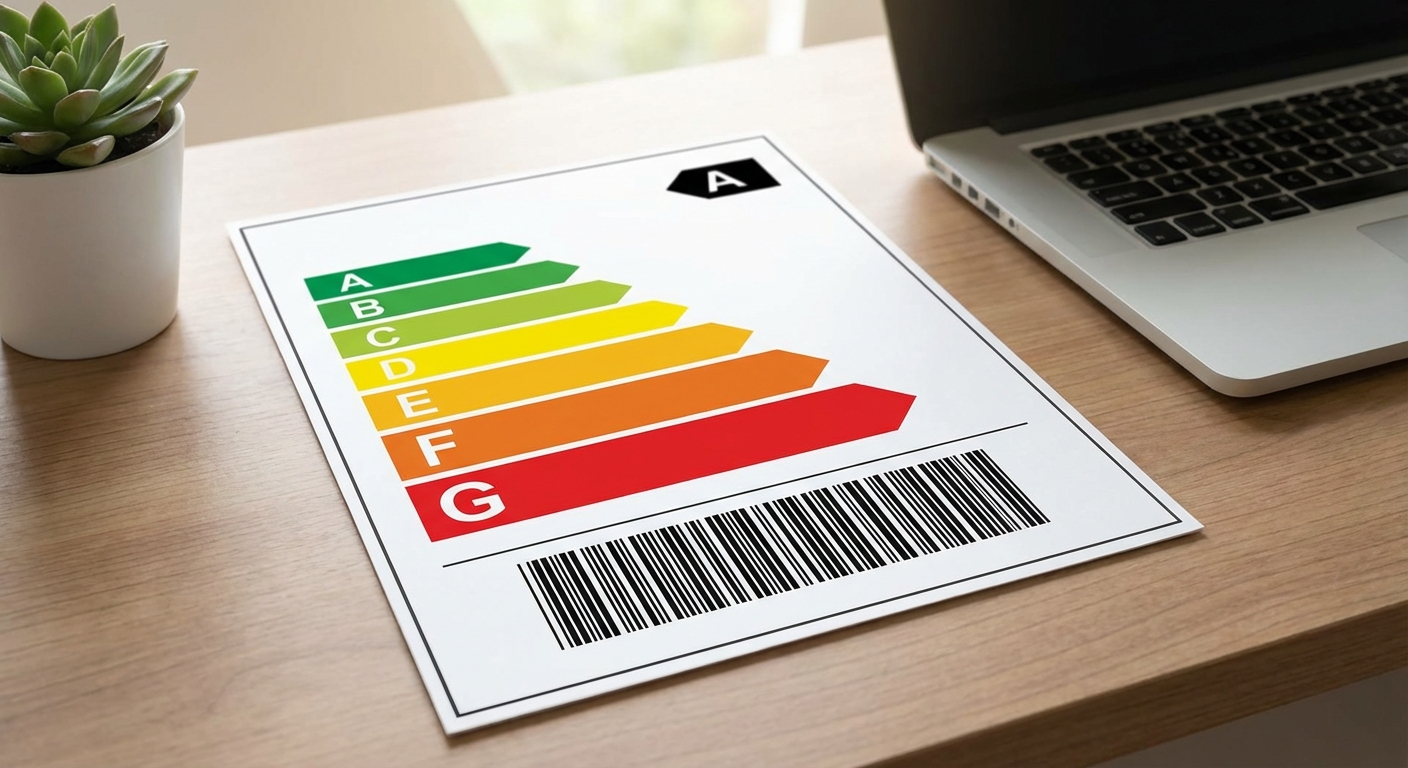 official spanish energy efficiency label showing a rating scale from A to G with barcode