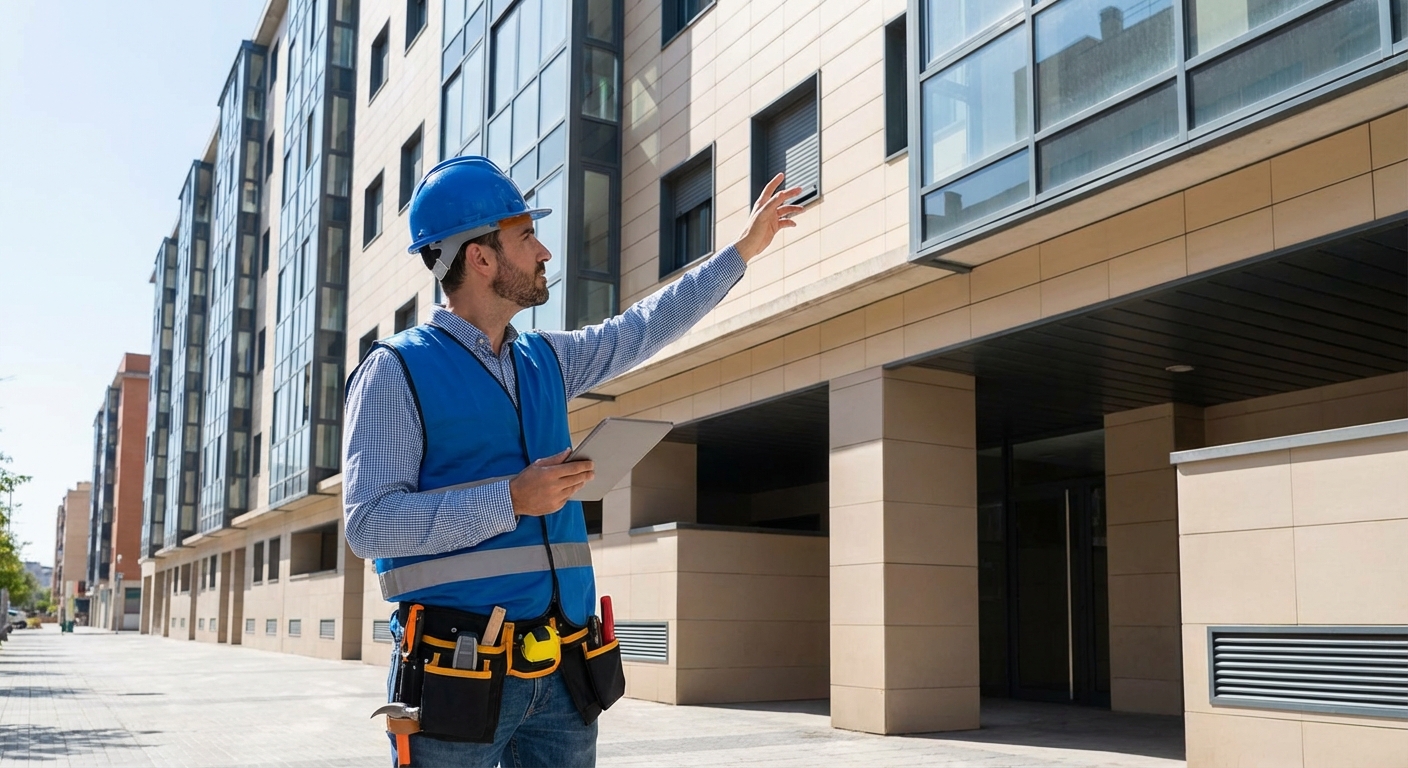 technician inspecting building facade