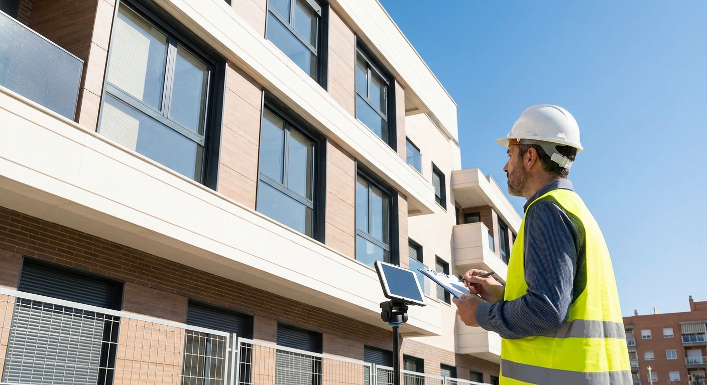 architect or technician inspecting building facade and windows taking notes