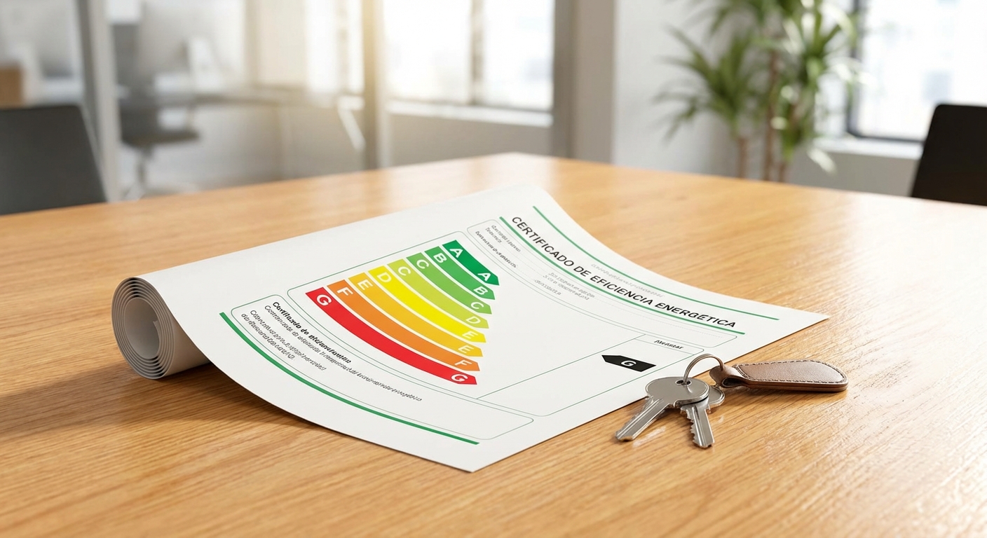 energy efficiency certificate document with A to G scale lying on a wooden table next to house keys