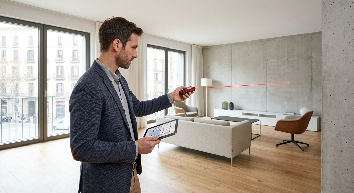 architect or engineer measuring a modern apartment room with a laser distance meter