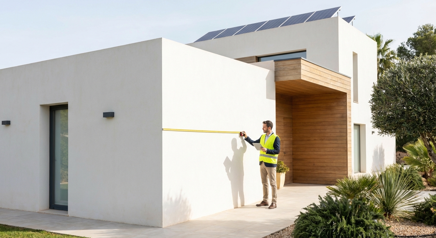 architect measuring exterior walls of a detached house
