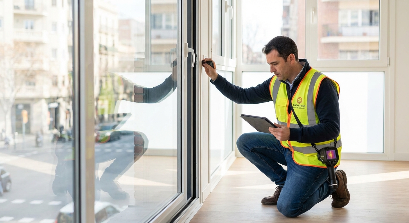 technician inspecting building facade or taking measurements indoors