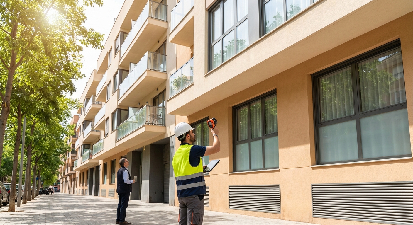 technician inspecting building facade and windows for energy efficiency