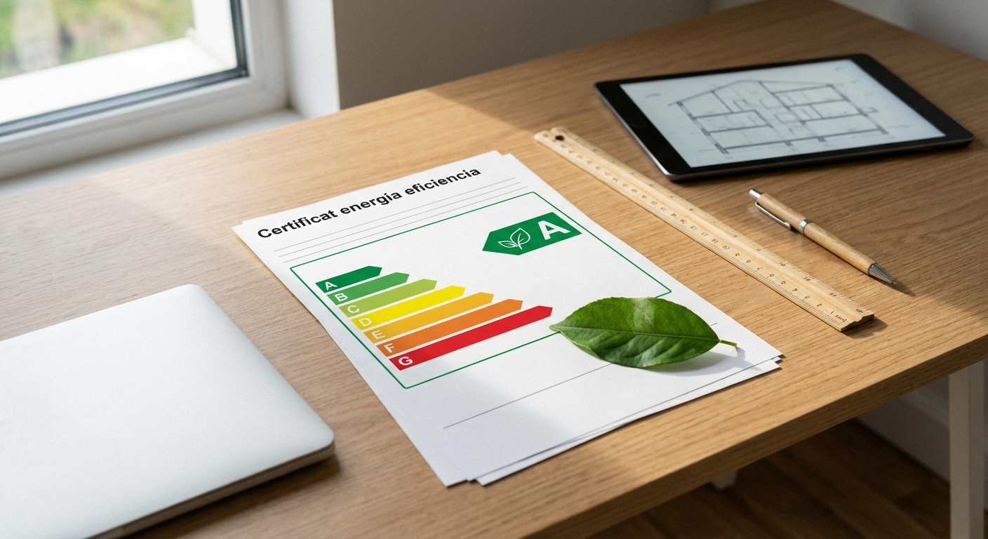 energy efficiency certificate with A rating label and green leaf