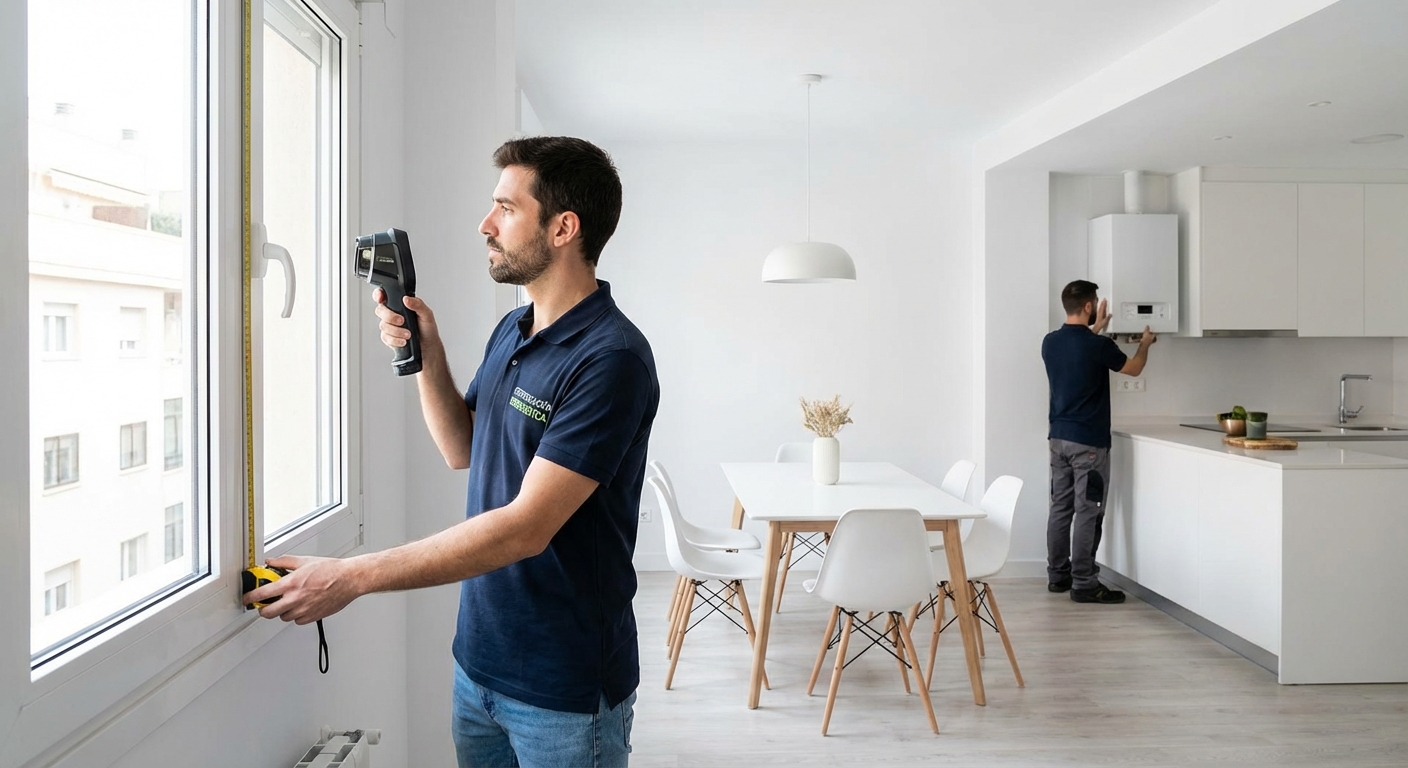 technician measuring window insulation and checking boiler in a residential apartment