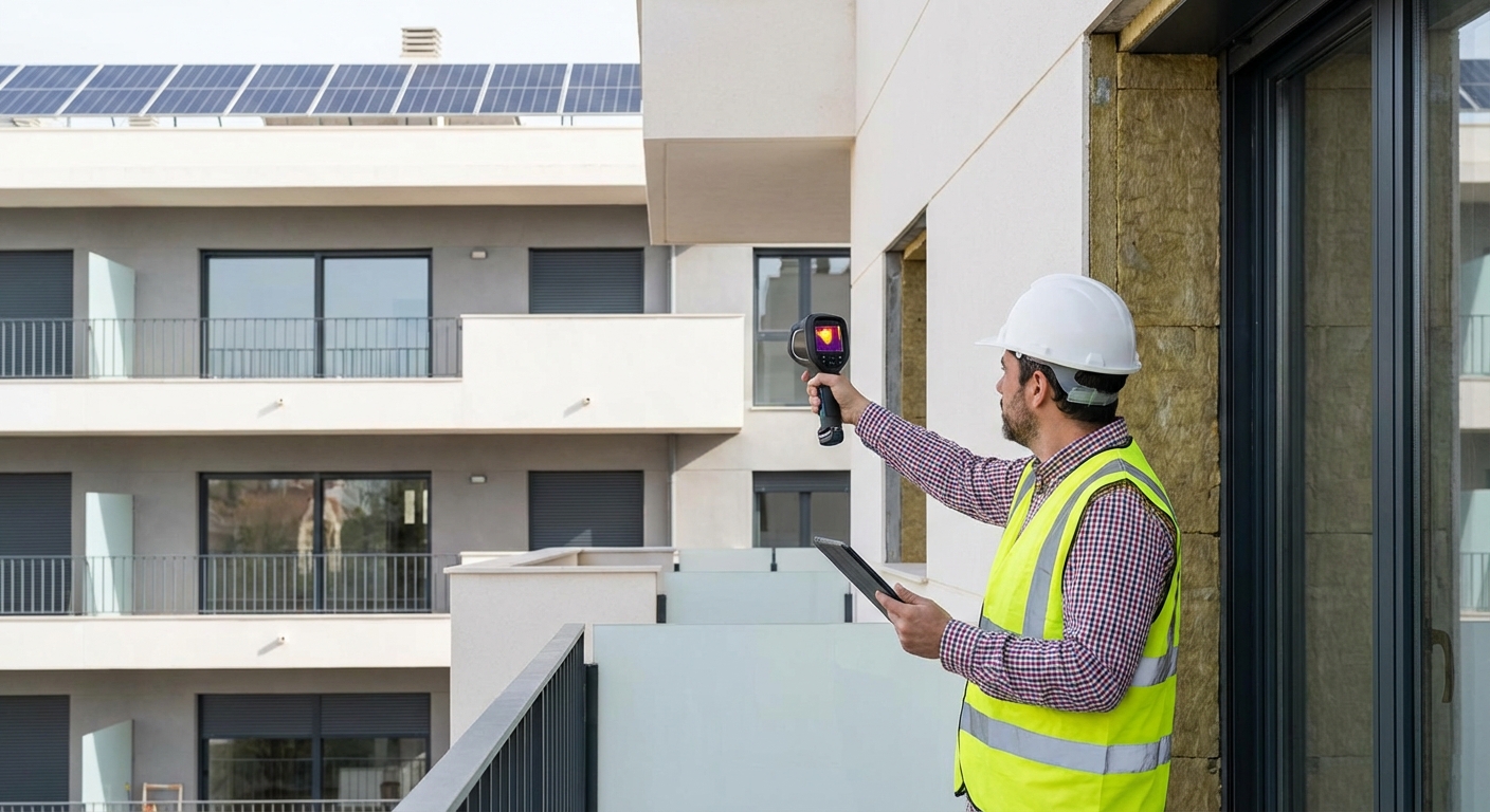 technician inspecting building facade