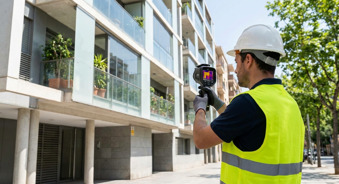 technician inspecting building facade and windows with thermal camera