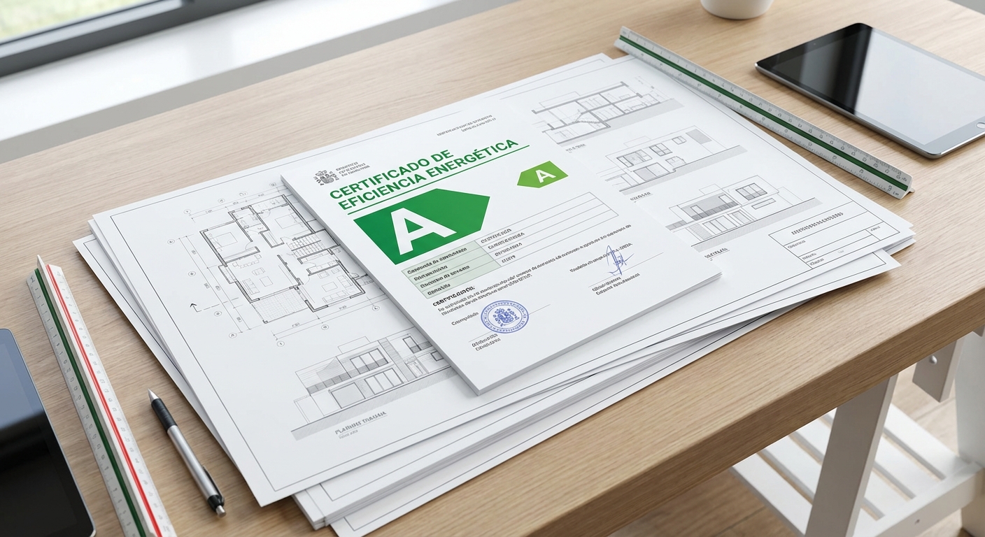 energy efficiency certificate with A rating on top of blueprints