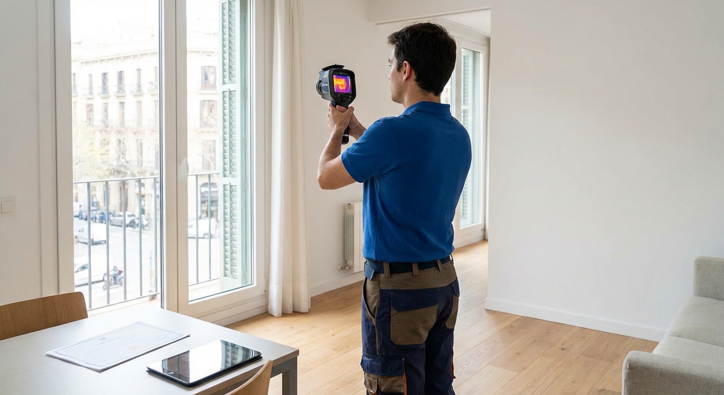 home energy audit with thermal camera inspecting windows